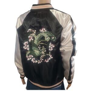 Haute Monde Satin Sukajan Style Bomber Jacket Peacock Embroidery Floral Size L
